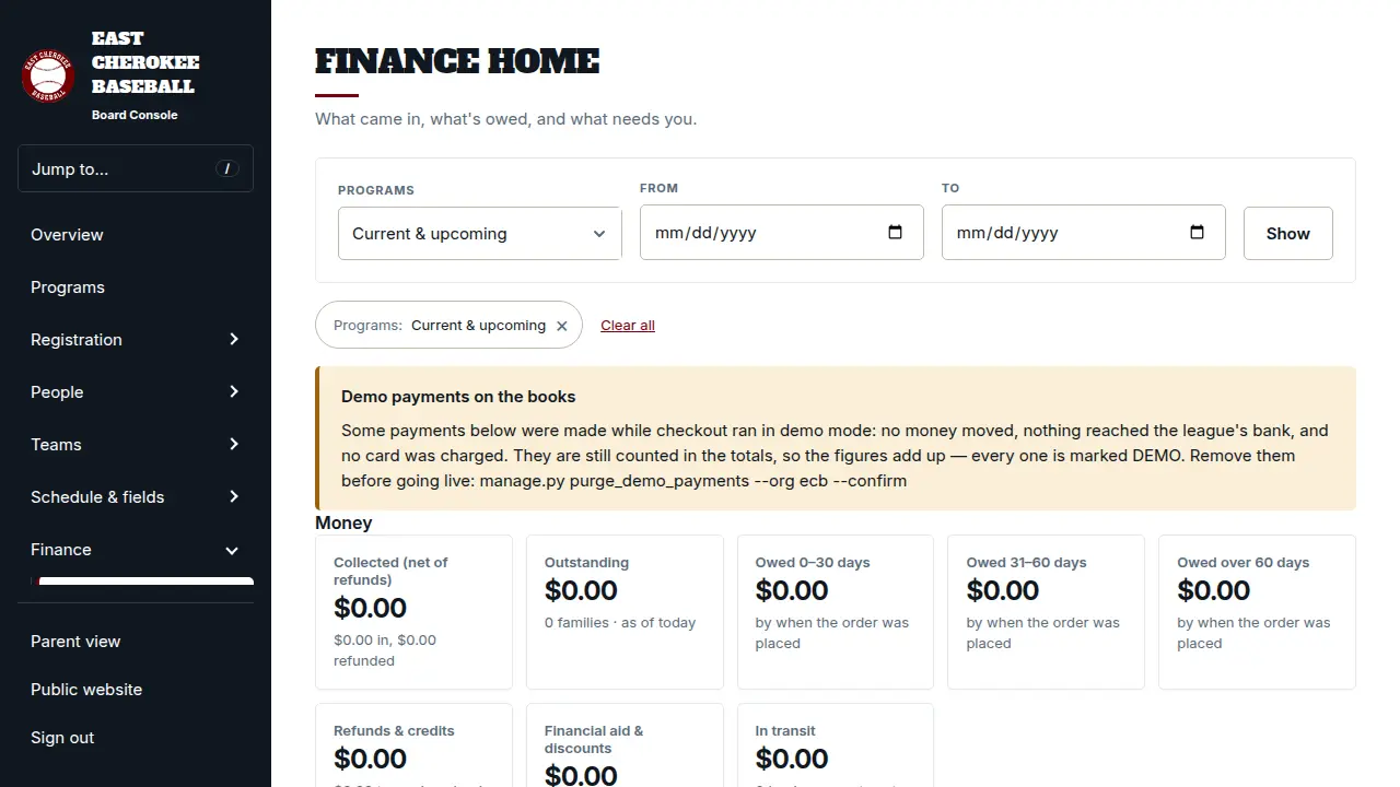 Payments dashboard showing direct deposits to the league account