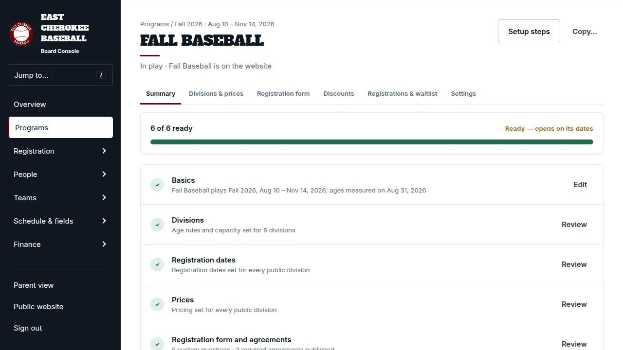HomeStand registration dashboard